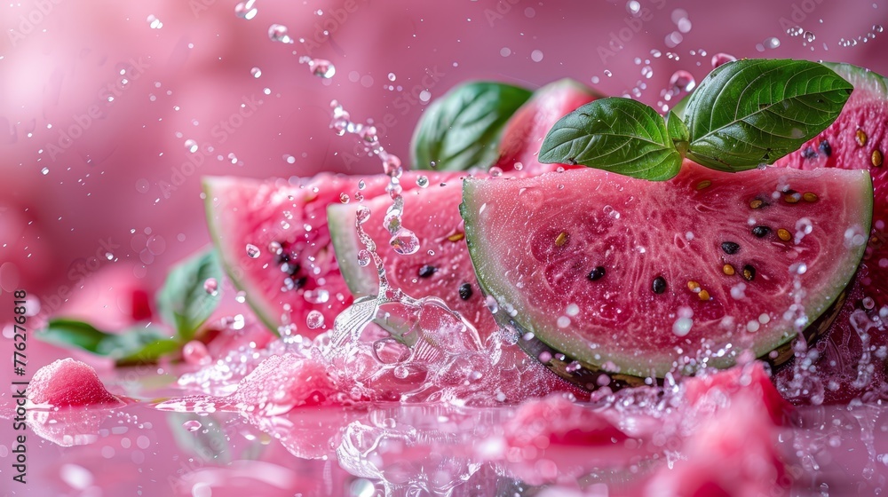 Watermelon slices with leaves, wet with drops, against a pink backdrop..Or, for a more poetic touch:..Pink background cradles Watermelon slices with leaves, wet with drops, against a pink backdrop..Or, for a more poetic touch:..Pink background cradles
