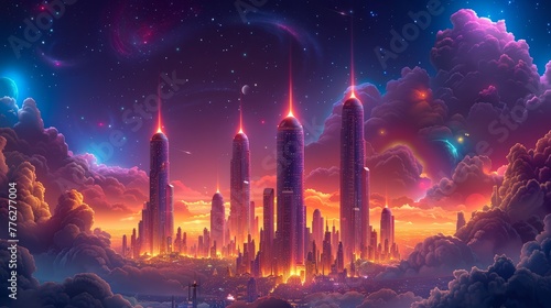   A futuristic city painting  encircled by clouds and stars in the night sky  aglow with bright lighted skyscrapers