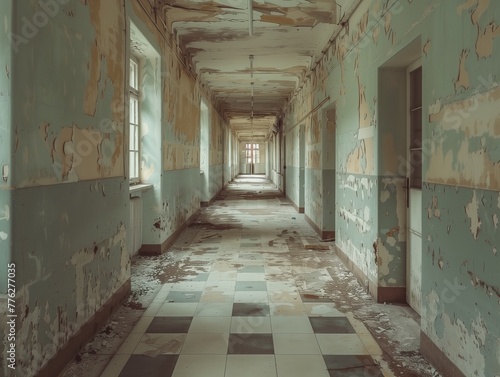A long corridor in an old hospital building with shabby blue walls