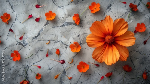   An orange blossom atop a white backdrop, surrounded by red and orange blooms on the ground