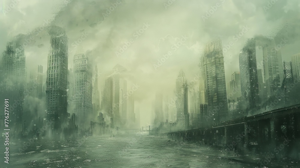 Digital dystopia: A bleak, cybernetic cityscape stretches out beneath a polluted sky, its towering skyscrapers looming ominously over the desolate streets below. Copy space above for text.