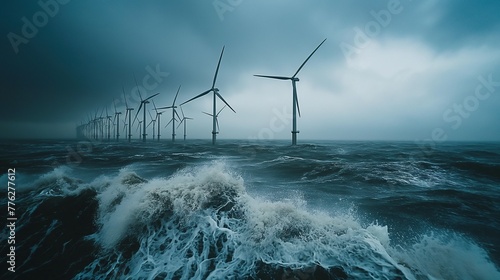 A park of wind generators installed at sea during a storm