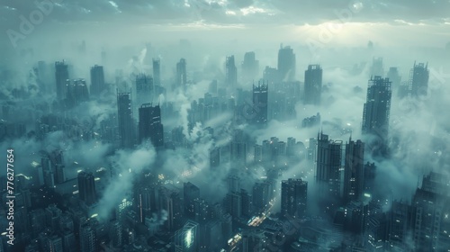 Digital dystopia: A bleak, cybernetic cityscape stretches out beneath a polluted sky, its towering skyscrapers looming ominously over the desolate streets below. Copy space above for text.