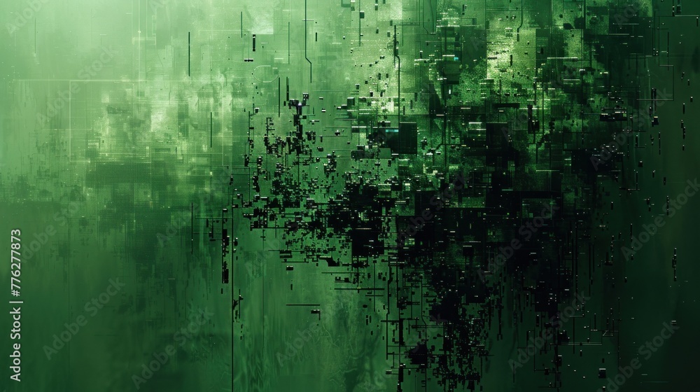 Glitch art: An abstract composition of glitched-out pixels and distorted shapes forms a mesmerizing mosaic of greens and blacks. Copy space to the side for text.