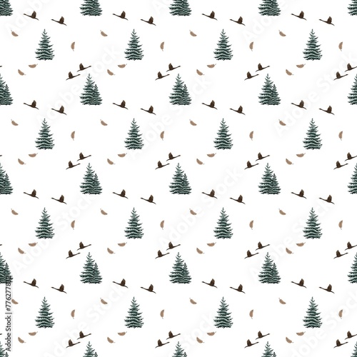 Pattern with spruce  Christmas tree  duck and feather