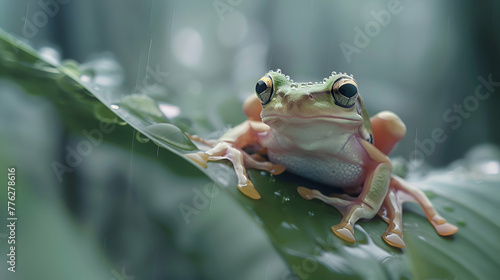 A close-up of a tiny tree frog clinging to a dew-covered leaf, its delicate features highlighted against a softly blurred forest canopy © MistoGraphy