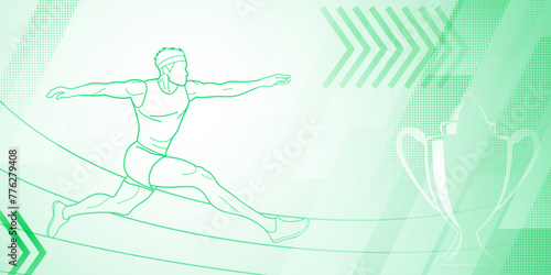 Long jumper themed background in green tones with abstract lines and dots, with sport symbols such as a male athlete and a cup © Olga Moonlight