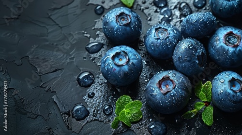  A cluster of blueberries atop a wet table, surrounded by water droplets and green foliage