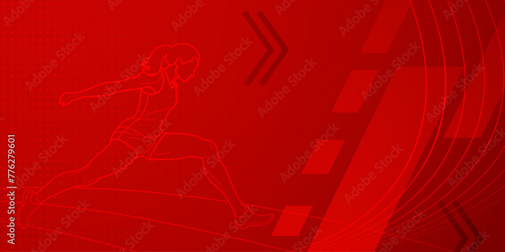 Long jumper themed background in red tones with abstract lines and dots, with sport symbols such as a female athlete and a running track
