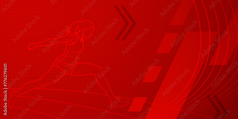 Long jumper themed background in red tones with abstract lines and dots, with sport symbols such as a female athlete and a running track Long jumper themed background in red tones with abstract lines and dots, with sport symbols such as a female athlete and a running track