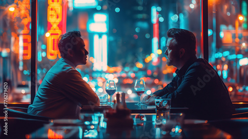 Businessmen Discussing Deals Over Dinner in Vibrant City Nightlife