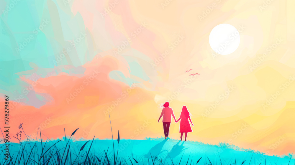 Illustration of a couple walking hand in hand in a vibrant landscape Illustration of a couple walking hand in hand in a vibrant landscape