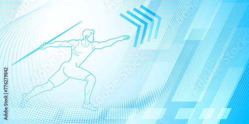 Javelin thrower themed background in blue tones with abstract lines and dots, with sport symbols such as a male athlete