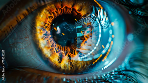 Detailed close-up of human eye with cyber network graphics