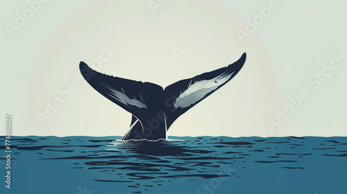 Artistic minimalist illustration of a whale tail above water surface © Paula