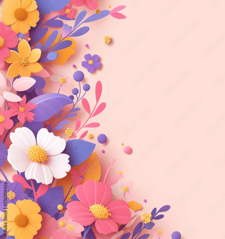 summer flowers and plants on pink background, frame for social media, greeting card, blank space for text in the center, sales promotion banner with colorful flat design style