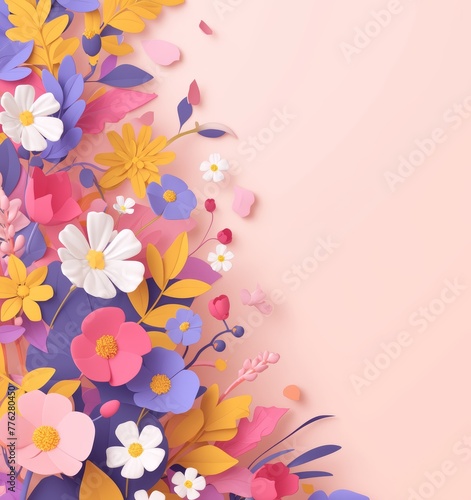 summer flowers and plants on pink background  frame for social media  greeting card  blank space for text in the center  sales promotion banner with colorful flat design style