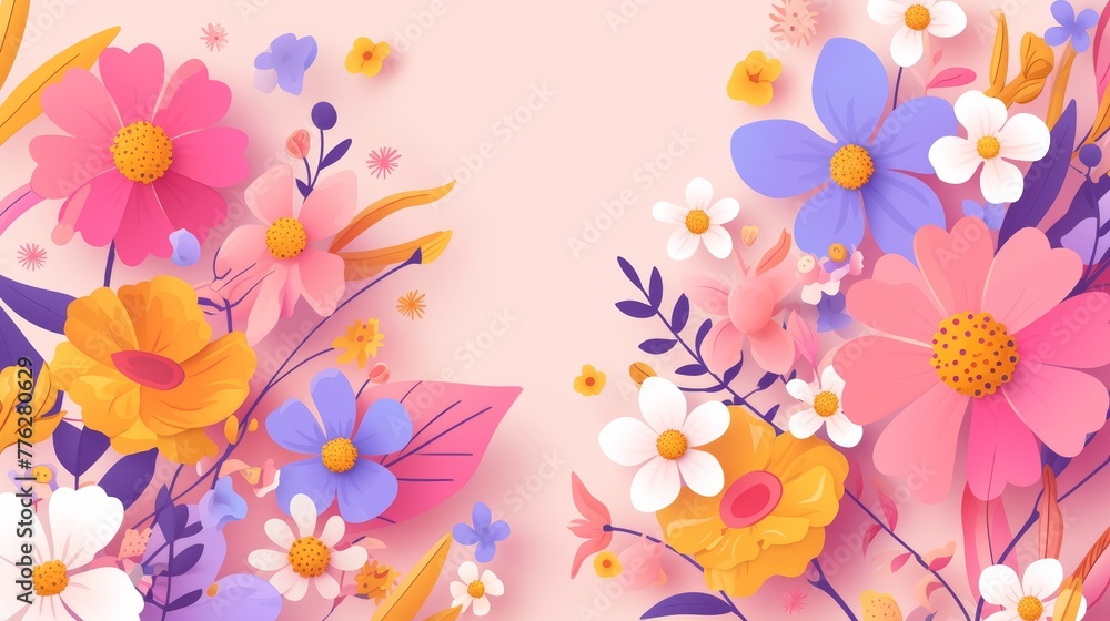 summer flowers and plants on pink background, frame for social media, greeting card, blank space for text in the center, sales promotion banner with colorful flat design style summer flowers and plants on pink background, frame for social media, greeting card, blank space for text in the center, sales promotion banner with colorful flat design style