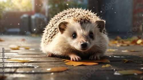 A cute hedgehog appears inquisitive on a pathway strewn with autumn leaves, evoking a sense of wonder and natural life