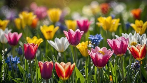 Vibrant field of multicolored tulips and other flowers  symbolizing new beginnings and natural beauty