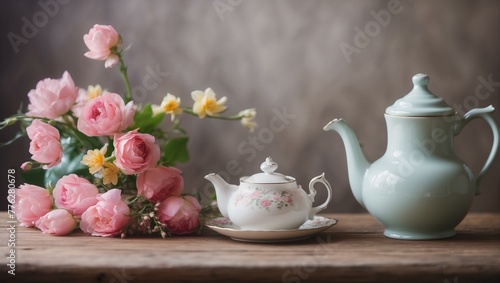 A classic tea set accompanied by a beautiful bouquet of pink roses and spring flowers on a wooden table