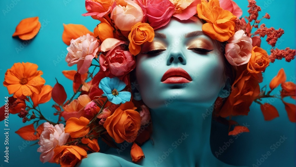 A creative portrait of a woman adorned with a vibrant floral headpiece and matching blue makeup