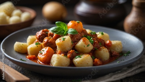 Delicious Italian cuisine serving of gnocchi pasta with savory meatballs and tomato sauce, garnished with fresh basil