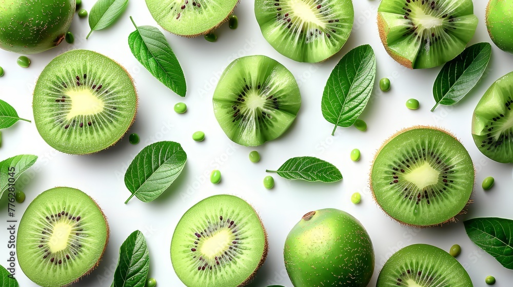 A collection of kiwi fruits, sliced and arranged on a white background, topped with emerald-green leaves A collection of kiwi fruits, sliced and arranged on a white background, topped with emerald-green leaves