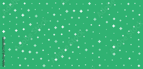 White plus symbols of different sizes and opacity on green background. Abstract pattern of medical cross or mathematical plus pictogram. Vector illustration on cyan background with stars