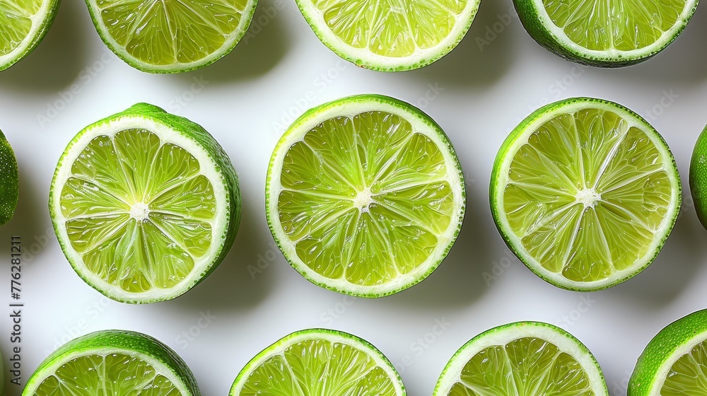   A collection of lime halves arranged on a pristine white surface, with one whole lime positioned centrally among them
