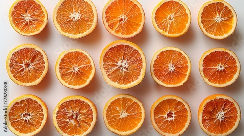  A collection of sliced oranges arranged on a white tabletop