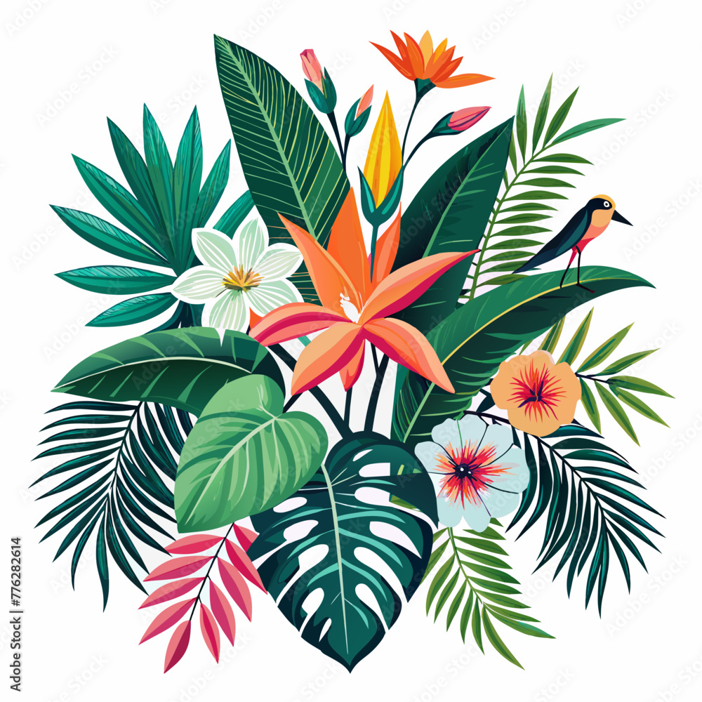 Tropical flowers, palm leaves, jungle leaf, bird of paradise flower