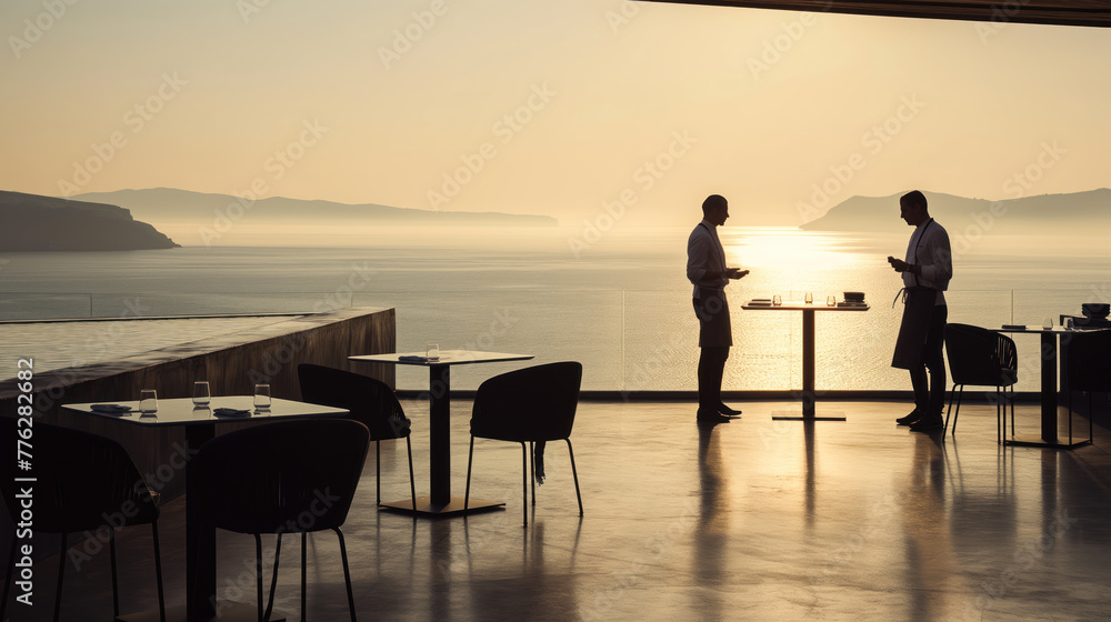 Fototapeta premium Elegant Seaside Terrace Conversation at Sunset