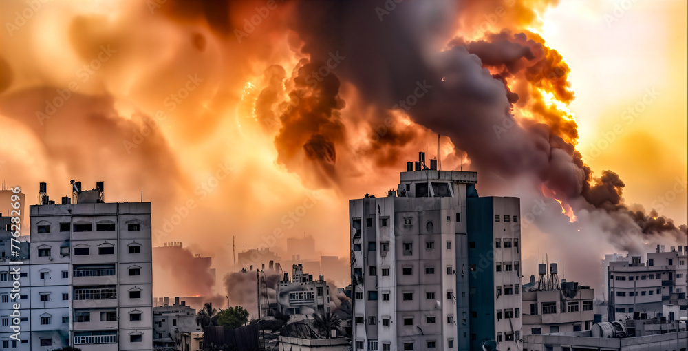 City in Flames. Destruction of city with fires, explosions and collapsing structures. Urban Devastation, Cityscape in Ruins City in Flames. Destruction of city with fires, explosions and collapsing structures. Urban Devastation, Cityscape in Ruins