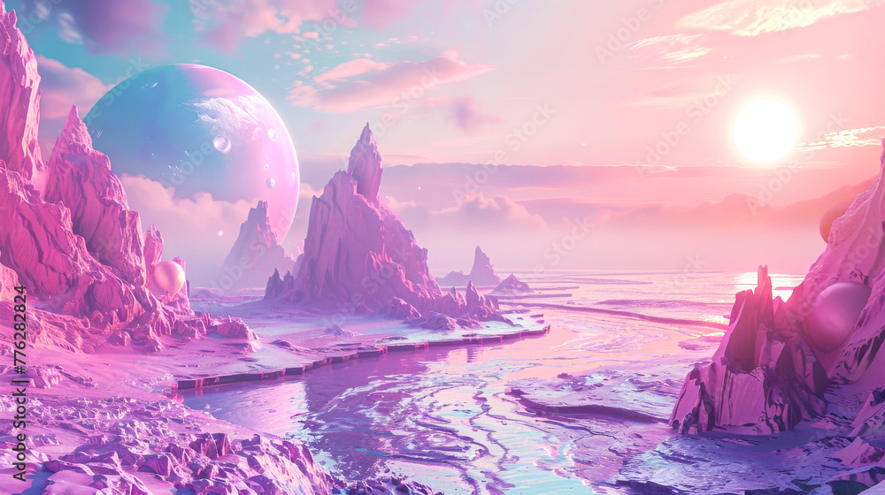 A digital artwork of a breathtaking alien landscape under a pastel sky ...