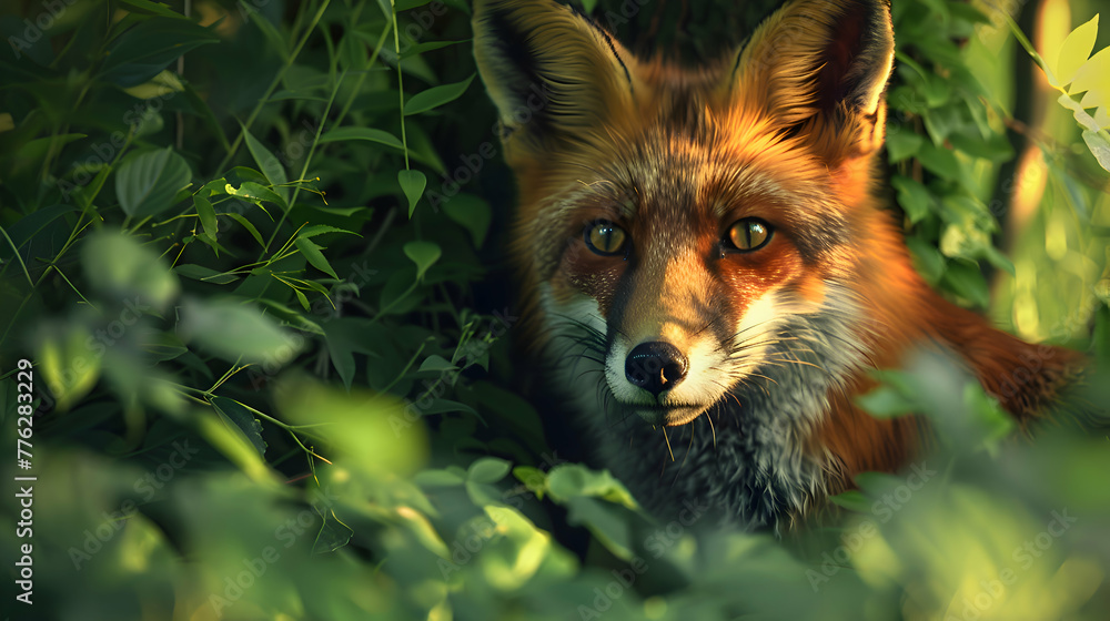 A curious fox peering out from behind a bush in a lush green meadow, its fiery fur illuminated by the warm rays of the afternoon sun A curious fox peering out from behind a bush in a lush green meadow, its fiery fur illuminated by the warm rays of the afternoon sun