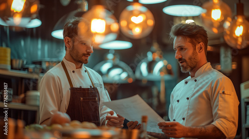 Professional Chefs Discussing Menu in a Modern Restaurant Kitchen