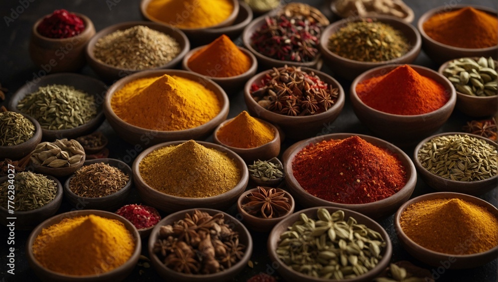 An array of colorful spices arranged in small bowls, offering both a feast for the eyes and a variety of flavors for culinary creations
