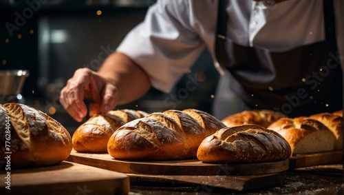 A skilled baker prepares and arranges freshly baked bread in a rustic kitchen setting, illustrating culinary craftsmanship