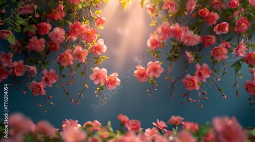  A branch adorned with pink blooms faces the sun, sunlight filtering through nearby clouds