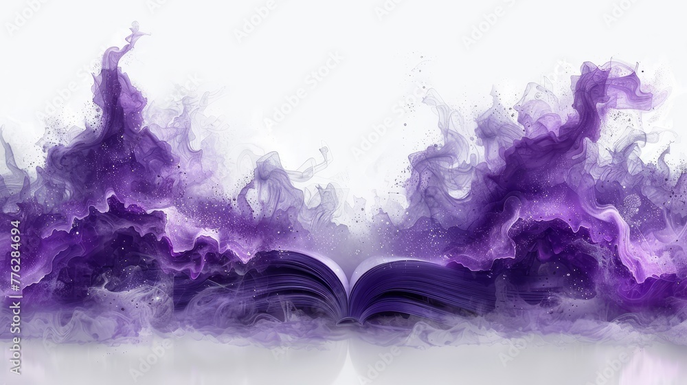   A book open on a white background, marked by a bookmark in the middle, emitting purple smoke