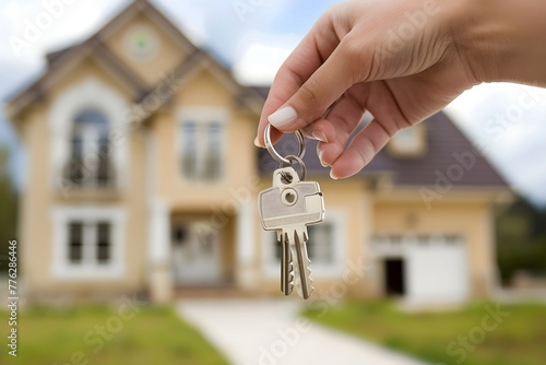 Closeup of female hand holding keys with a house in the background