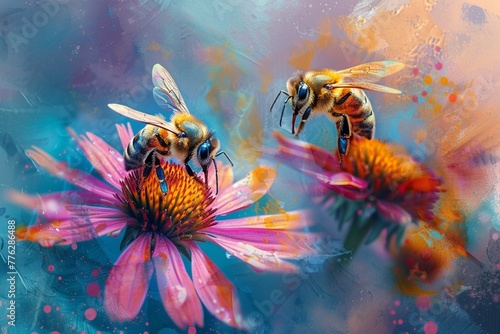 Bees actively pollinating and aiding in the growth of plants. Bees are depicted buzzing around colorful flowers