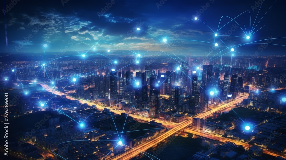 Imaginative visual of smart digital city with globalization abstract graphic showing connection network. Concept of future 5G smart wireless digital city and social media networking systems