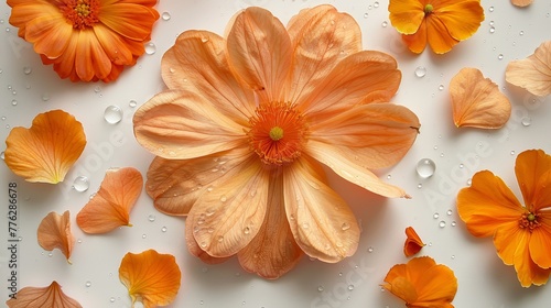  A collection of orange blooms atop a pristine white table, adjacent to droplets of water on an immaculate white surface