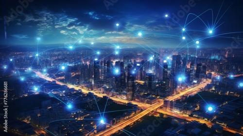 Imaginative visual of smart digital city with globalization abstract graphic showing connection network. Concept of future 5G smart wireless digital city and social media networking systems