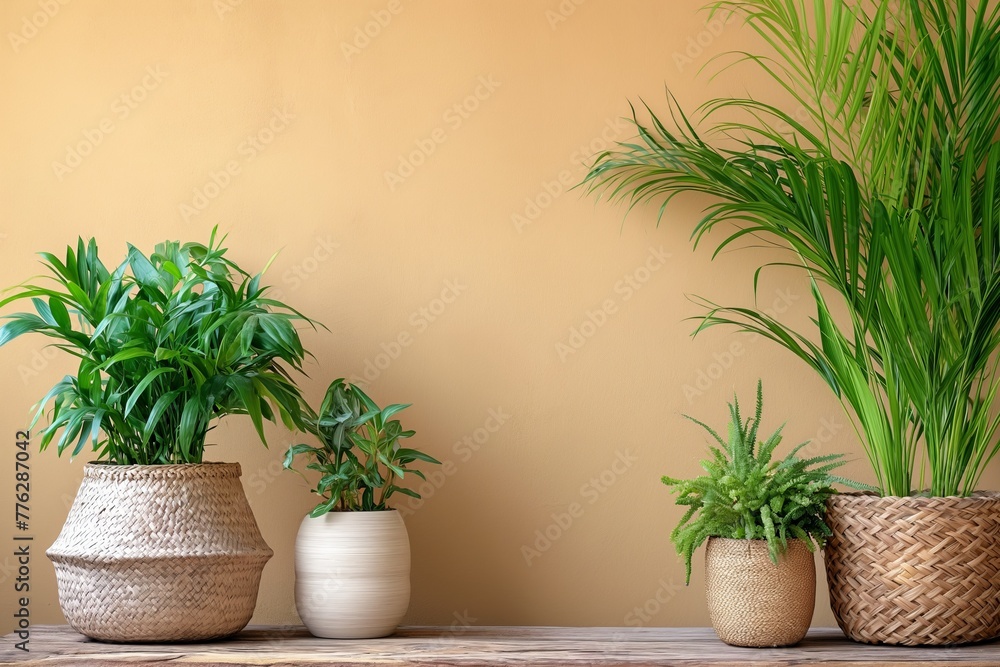 Minimalistic abstract gentle light beige background for product presentation with sunlight and plants