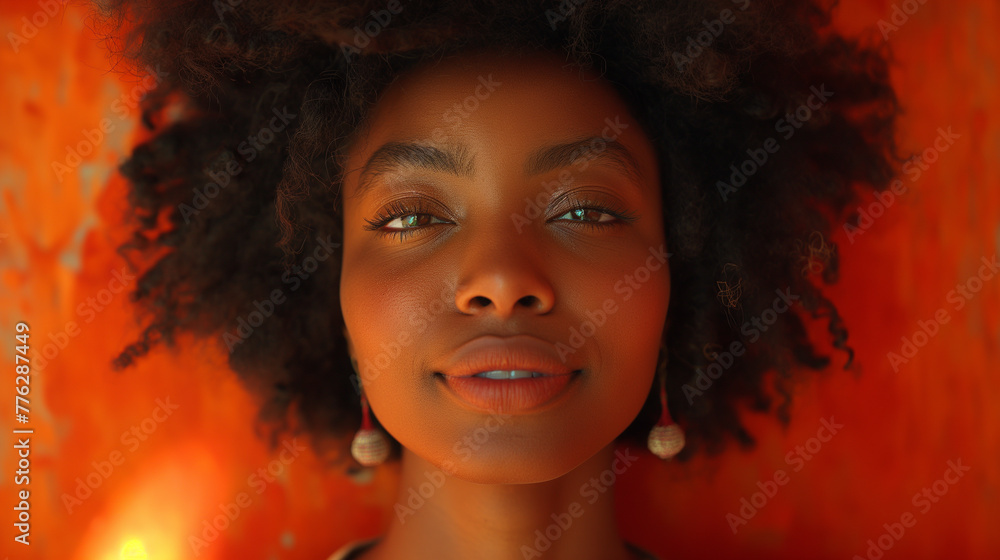 Orange and red background. Beautiful black woman with curly hair. Natural woman beauty concept. Selective focus Orange and red background. Beautiful black woman with curly hair. Natural woman beauty concept. Selective focus