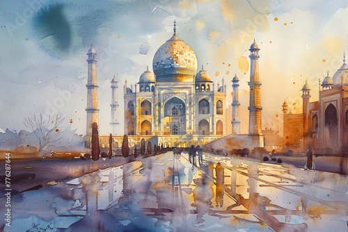 A painting of the Taj Mahal with a group of people walking by