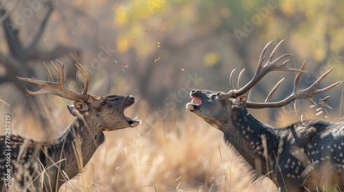 Two male Sambar deer engage in a fierce battle, their large antlers clashing for dominance in Ranthambore National Park, India. photo